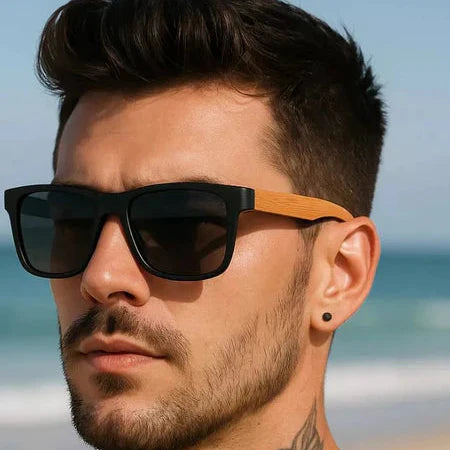 Óculos de Sol Quadrado Estilo Madeira Bambu - Proteção UV400